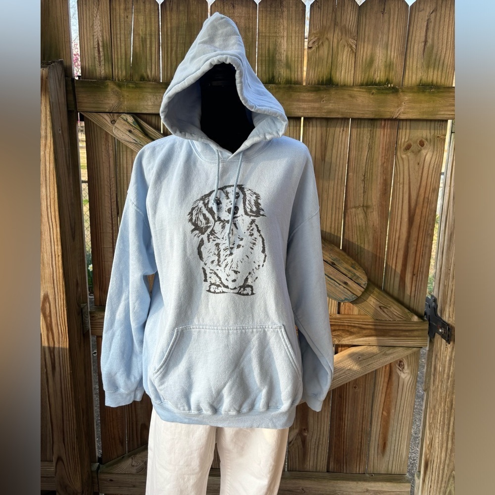 Gildan Heavy Blend Cotton Light Blue Hoodie Long Haired Dachshund on Front Large
